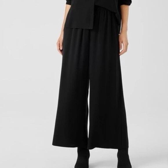 Eileen Fisher L Large Silk Pants Georgette Crepe Pleated Wide Leg Crop Black - Picture 2 of 11